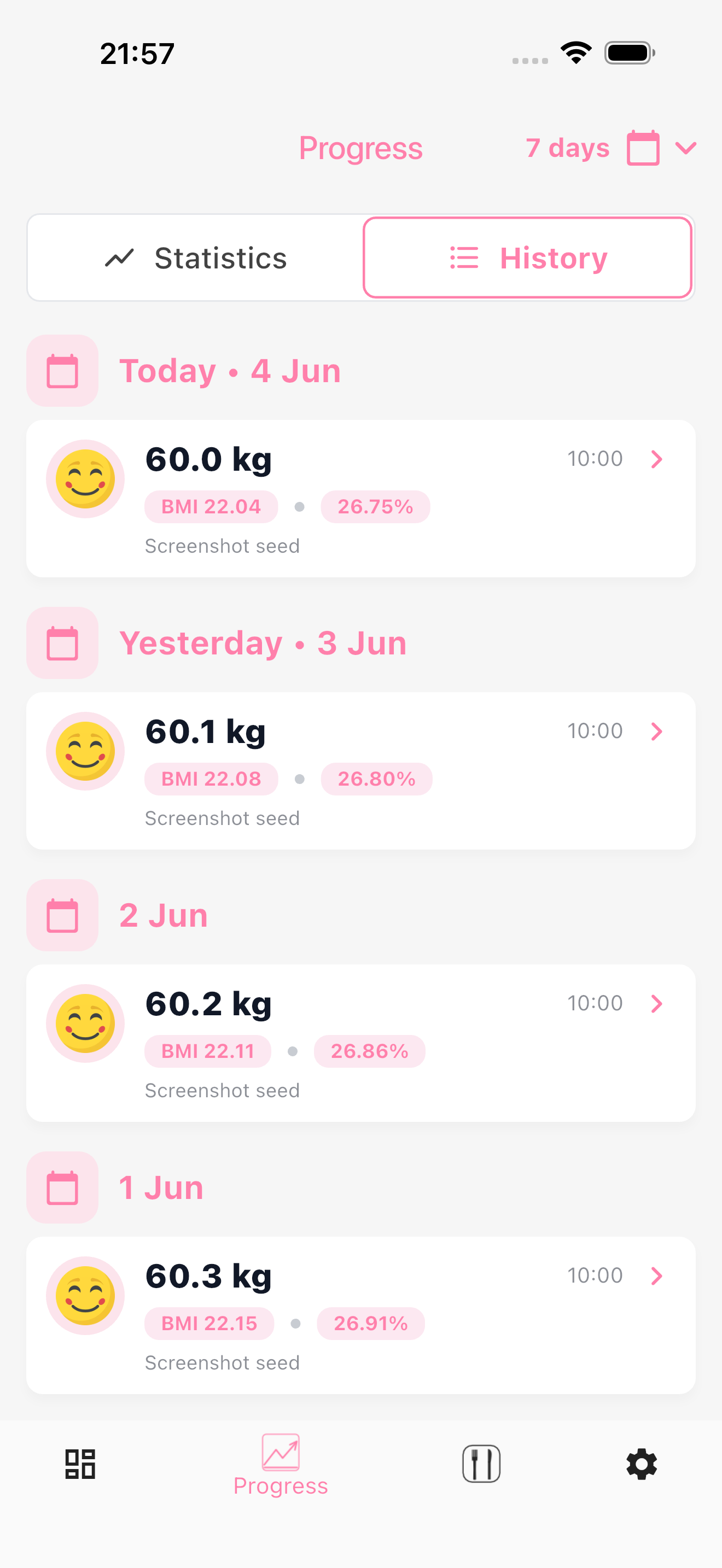 Weight history showing daily entries with BMI and estimated body-fat values