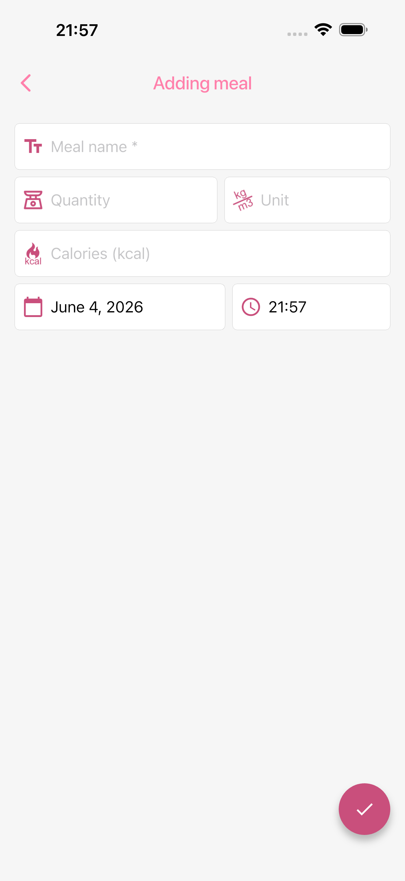 Add meal form with name, quantity, unit, calories, date and time fields