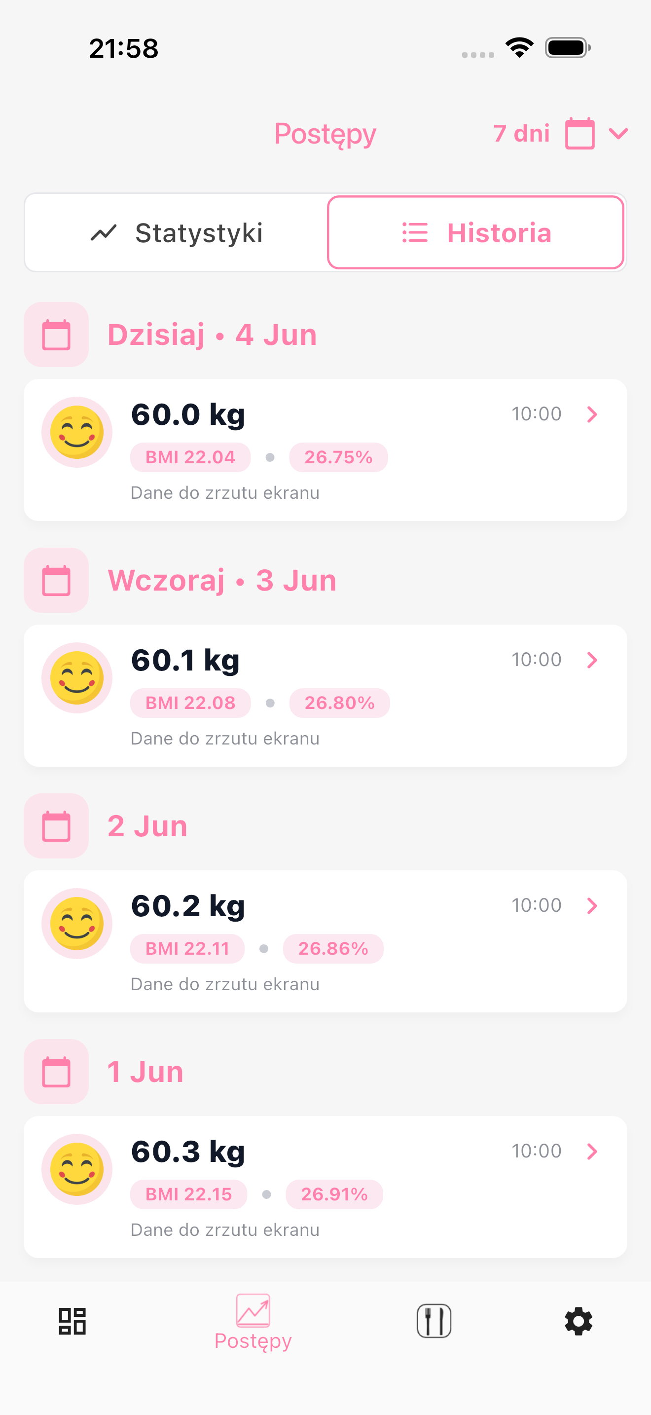 Historia wagi z codziennymi wpisami BMI i szacowanego poziomu tkanki tłuszczowej