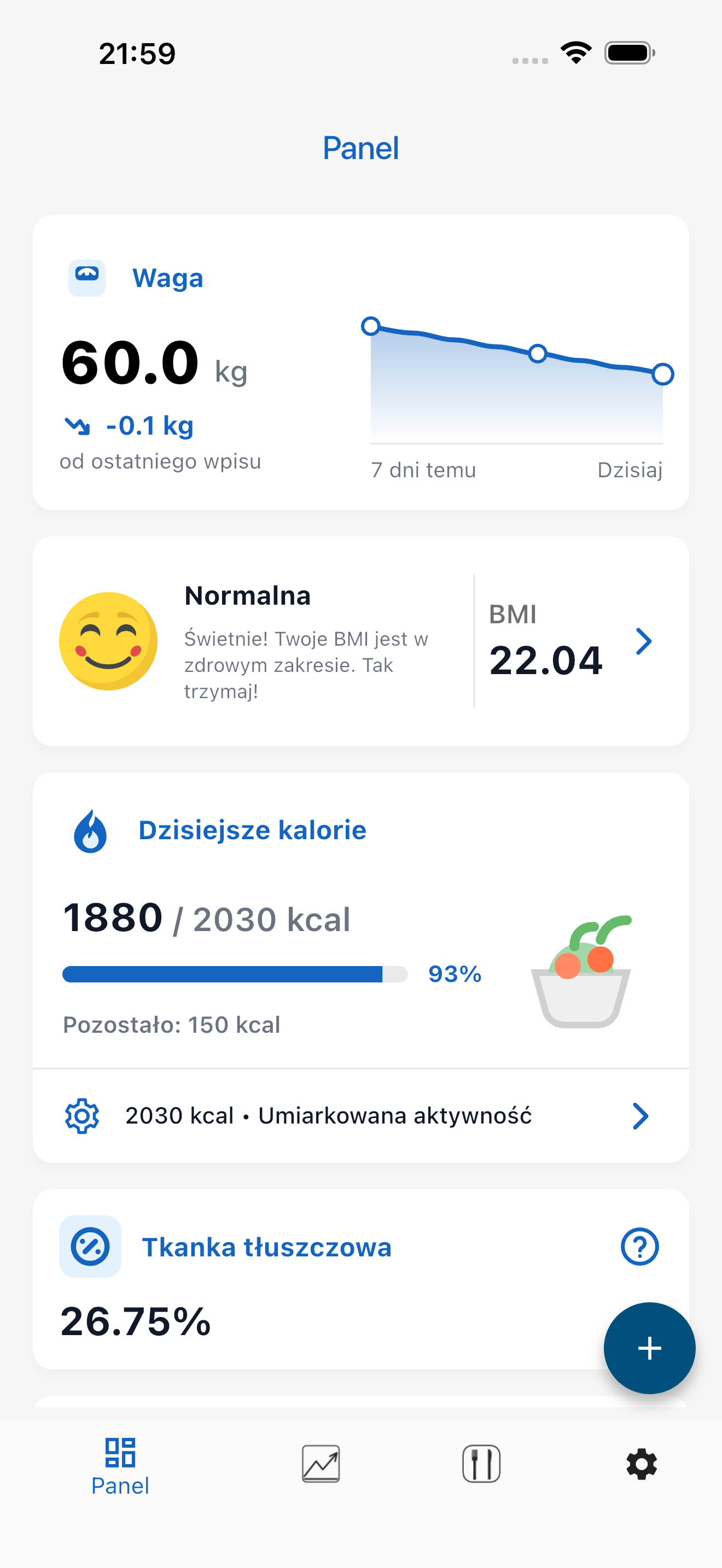 Pulpit Your BMI wyświetlony w niebieskim motywie kolorystycznym