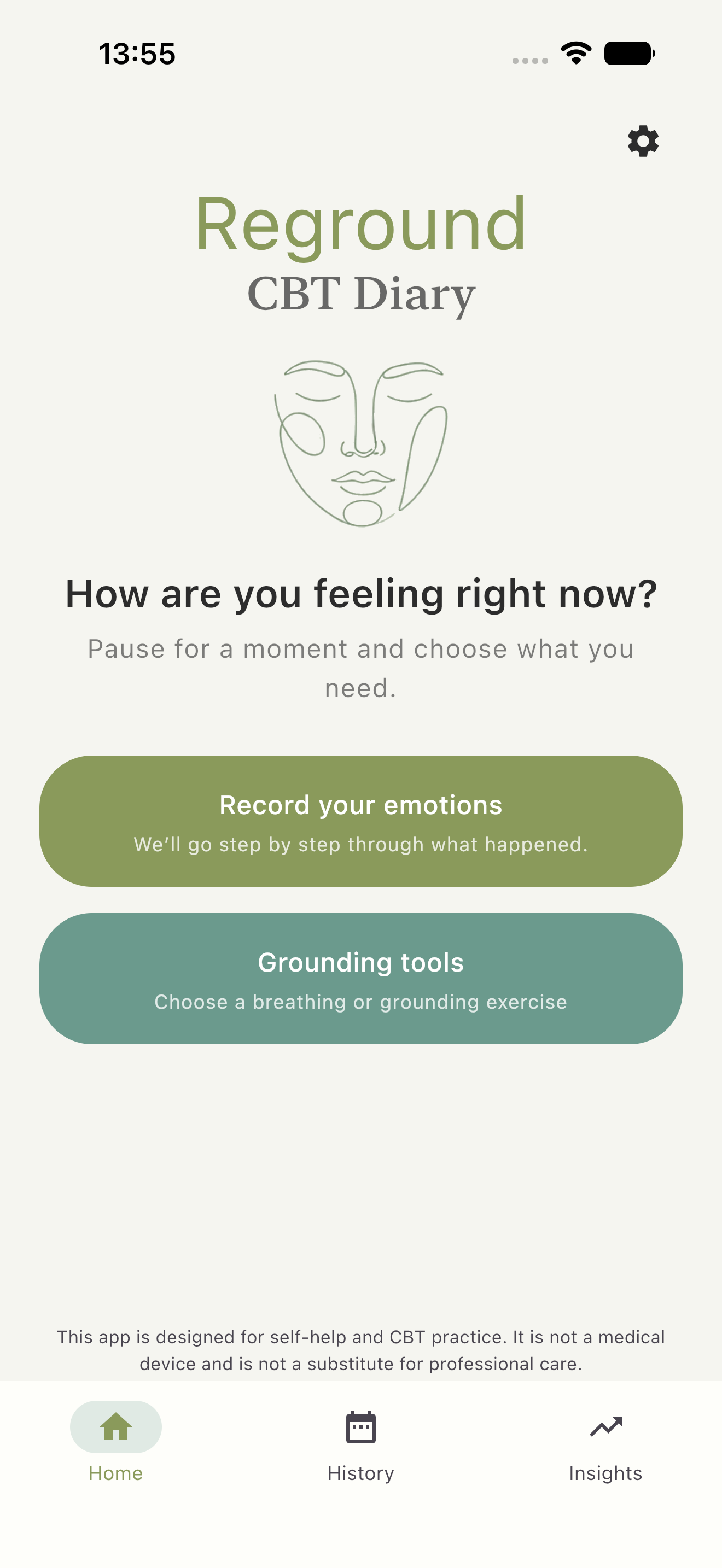 Reground home screen with thought journal and grounding choices