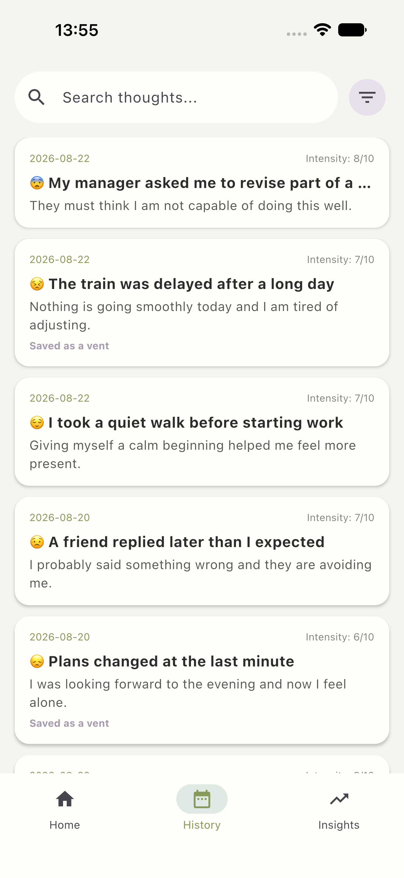 Reground thought record history with search and filtering controls