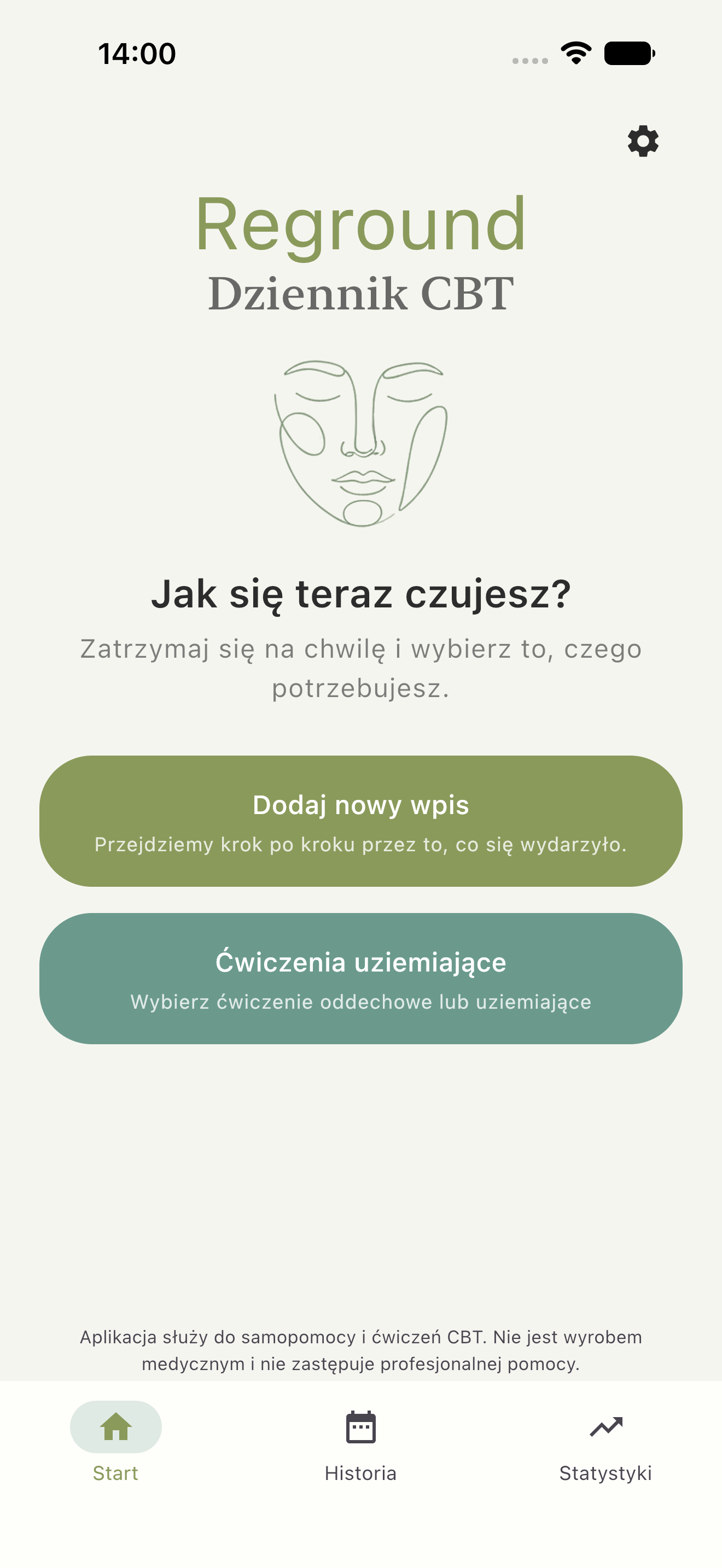 Ekran główny Reground z dziennikiem myśli i ćwiczeniami uziemiającymi