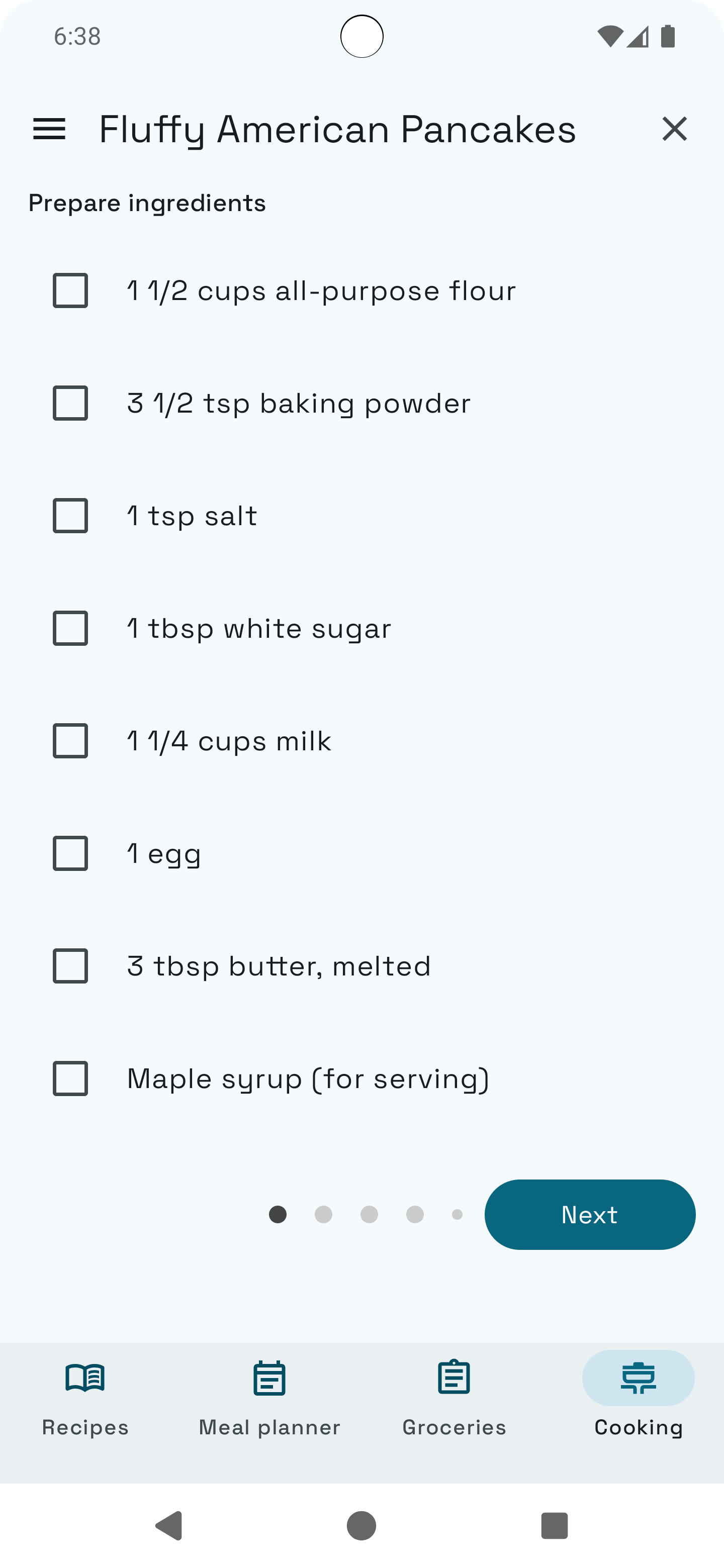 Cooking mode showing an ingredient checklist