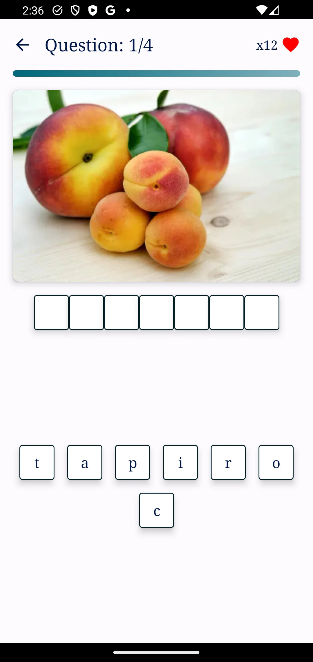 Snap Picture Guess typing challenge with letter tiles below a fruit photo