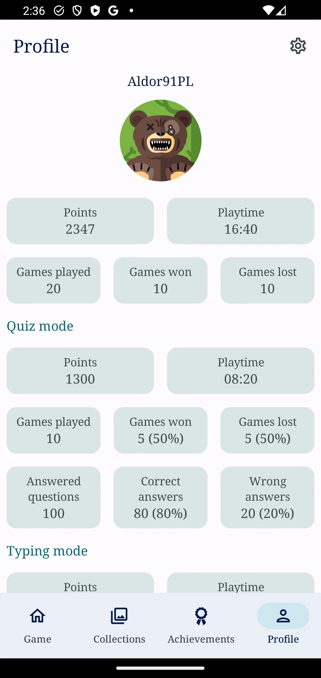 Snap Picture Guess profile showing points, playtime and game statistics