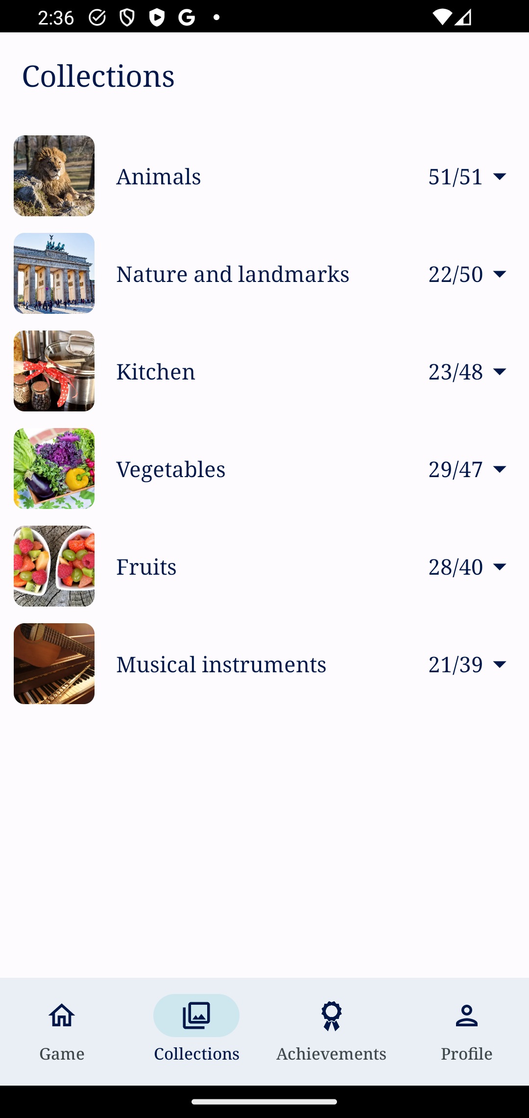 Snap Picture Guess collections screen with completion totals for each category