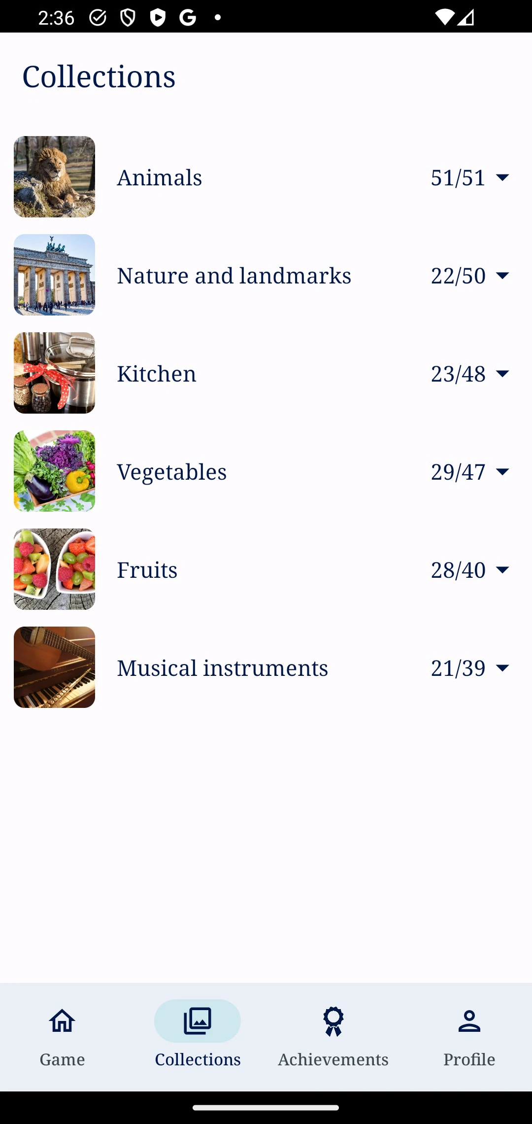 Snap Picture Guess collections screen with completion totals for each category